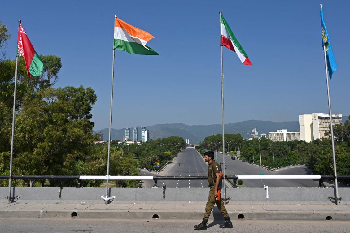 A policeman patrols near the venue of the Shanghai Cooperation Organization (SCO) summit, in Islamabad on Oct. 15, 2024. (AFP)