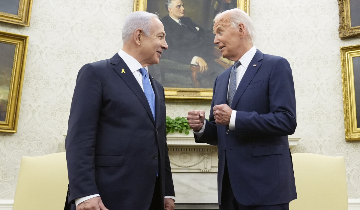 President Joe Biden, right, talks with Israeli Prime Minister Benjamin Netanyahu, left, in the Oval Office of the White House in Washington, July 25, 2024. (AP)