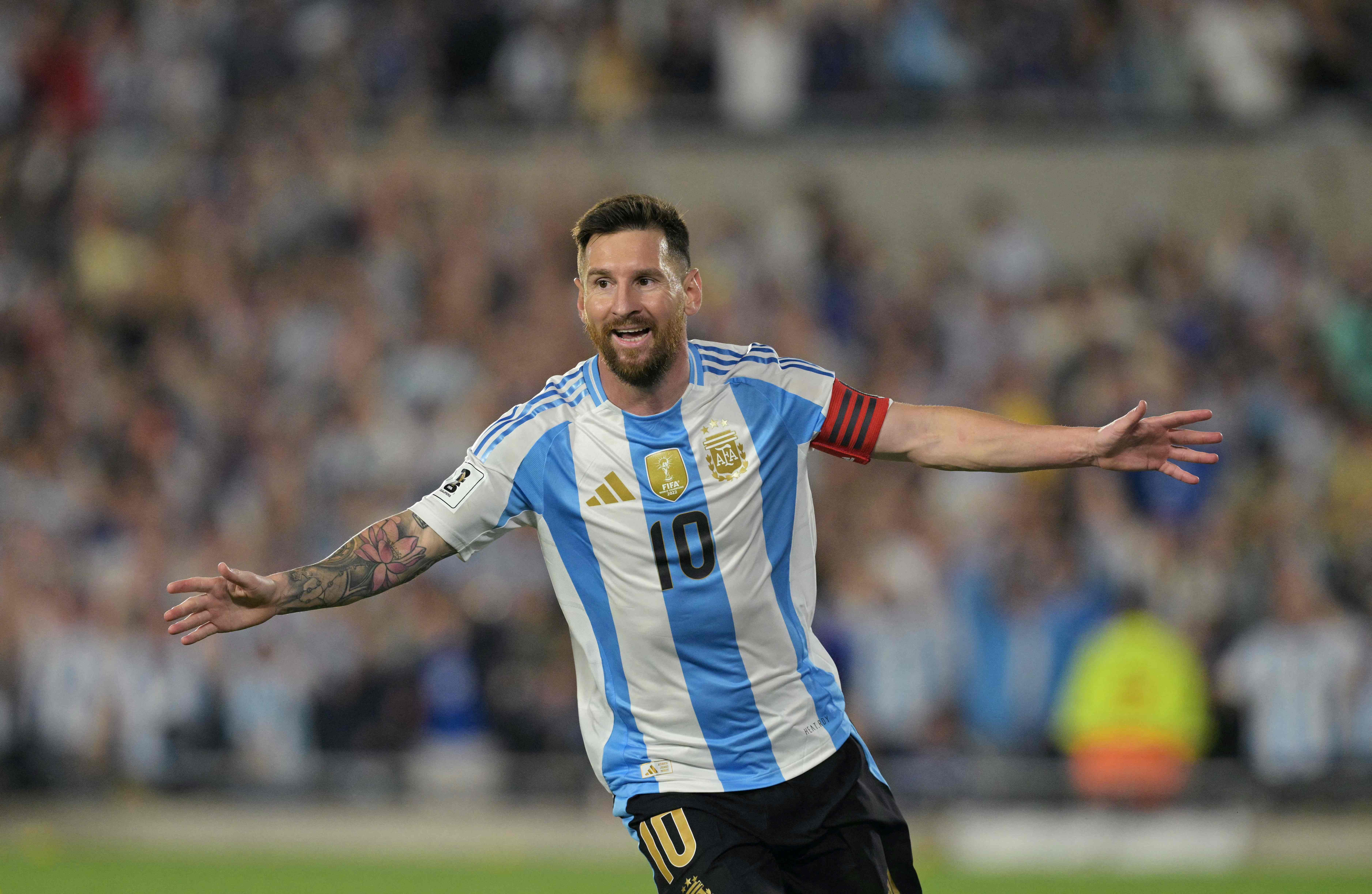 Argentina's forward Lionel Messi celebrates after scoring during the 2026 FIFA World Cup South American qualifiers football match between Argentina and Bolivia at the Mas Monumental stadium in Buenos Aires. (AFP)