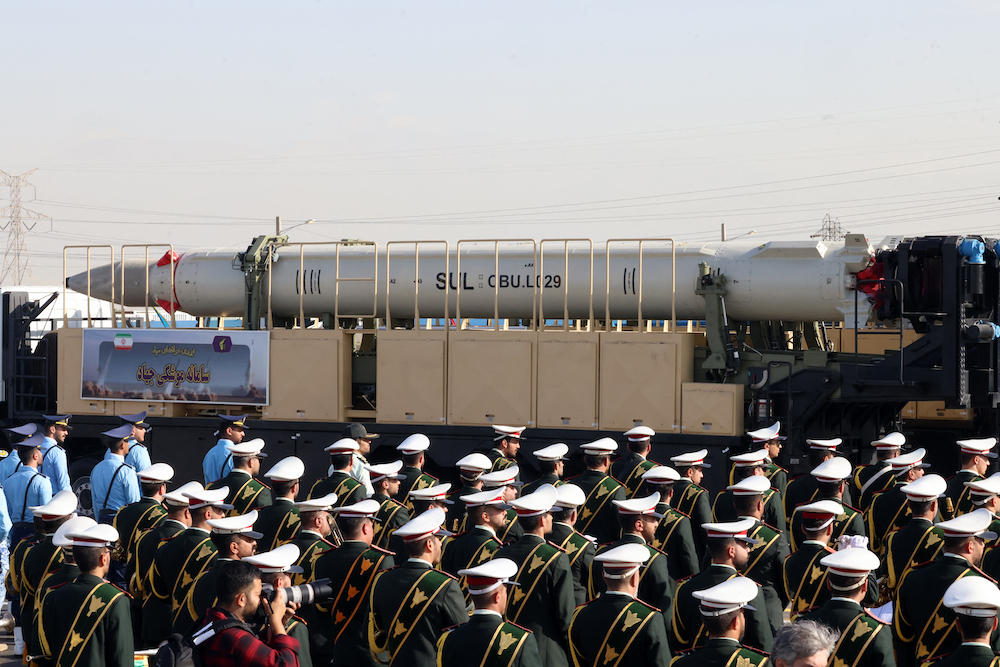 Above, Iran’s new ‘Jihad’ missile is displayed during the annual military parade in Tehran, marking the anniversary of the outbreak of the 1980-1988 war, on Sept. 21, 2024. (AFP)