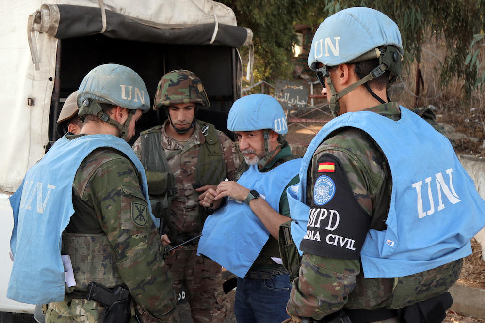 Spanish peacekeepers of the United Nations Interim Force in Lebanon coordinate their patrol with the Lebanese army in Marjayoun of south Lebanon on Oct. 8, 2024. (AFP)