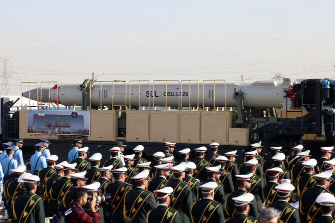 Above, Iran’s new ‘Jihad’ missile is displayed during the annual military parade in Tehran, marking the anniversary of the outbreak of the 1980-1988 war, on Sept. 21, 2024. (AFP)