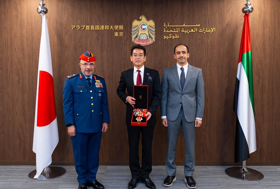 According to the UAE Embassy in Tokyo, Shihab Al Faheem, UAE Ambassador to Japan, presented the Medal to Dr. Goto during his reception at the UAE Embassy in Tokyo on Wednesday in the presence of Major General Staff Pilot Ibrahim Al Alawi, Air Force and Air Defense Commander. (UAE Embassy/Photo Courtesy)