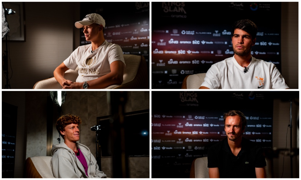 Holger Rune, Carlos Alcaraz, Daniil Medvedev and Jannik Sinner, clockwise from top left, are in Riyadh for the Six Kings Slam, the latest exhibition event to be held in the Kingdom. (AN Photos/Abdulrahman Bin Shulhub)