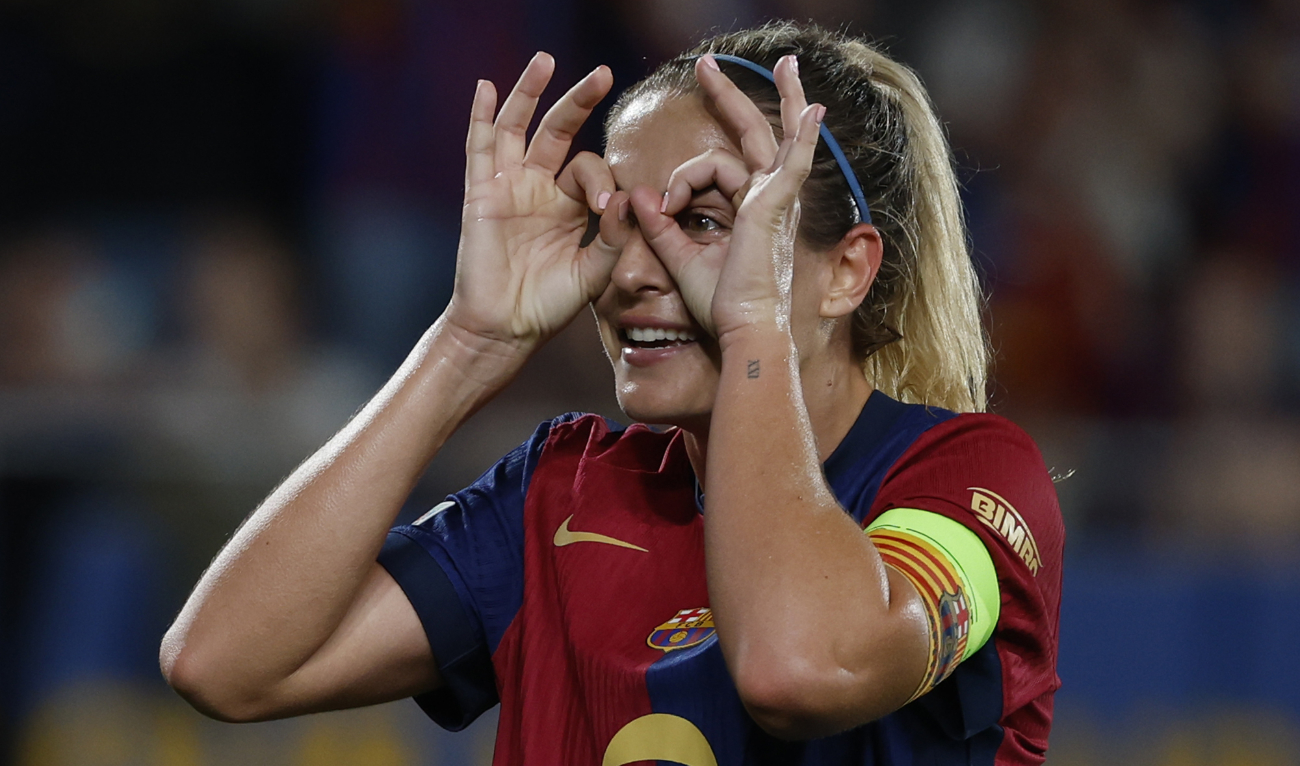 Barcelona's Alexia Putellas celebrates after scoring her side's third goal during the women's Champions League group D soccer match between Barcelona and Hammarby at the Estadi Johan Cruyff in Barcelona, Wednesday, Oct. 16, 2024. (AP)