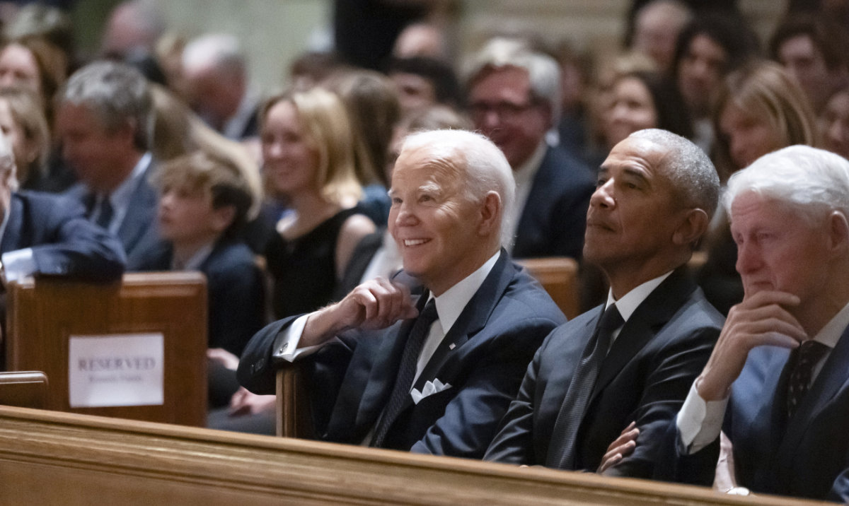 President Joe Biden, left, and former Presidents Barack Obama, center, and Bill Clinton, right, attend a memorial service for Ethel Kennedy, the wife of Sen. Robert F. Kennedy, who died on Oct. 10, 2024, at age 96, at the Cathedral of St. Matthew the Apostle in Washington, Wednesday, Oct. 16, 2024. (AP)