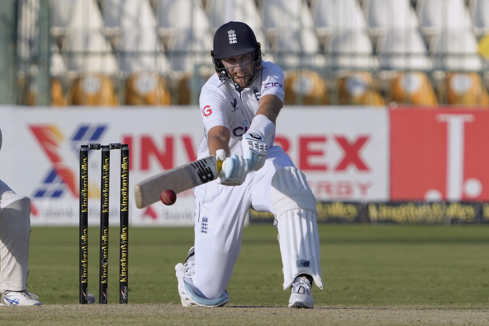 England’s Joe Root plays a shot during the second day of the second test cricket match between Pakistan and England in Multan, Pakistan on Oct. 16, 2024. (AP)