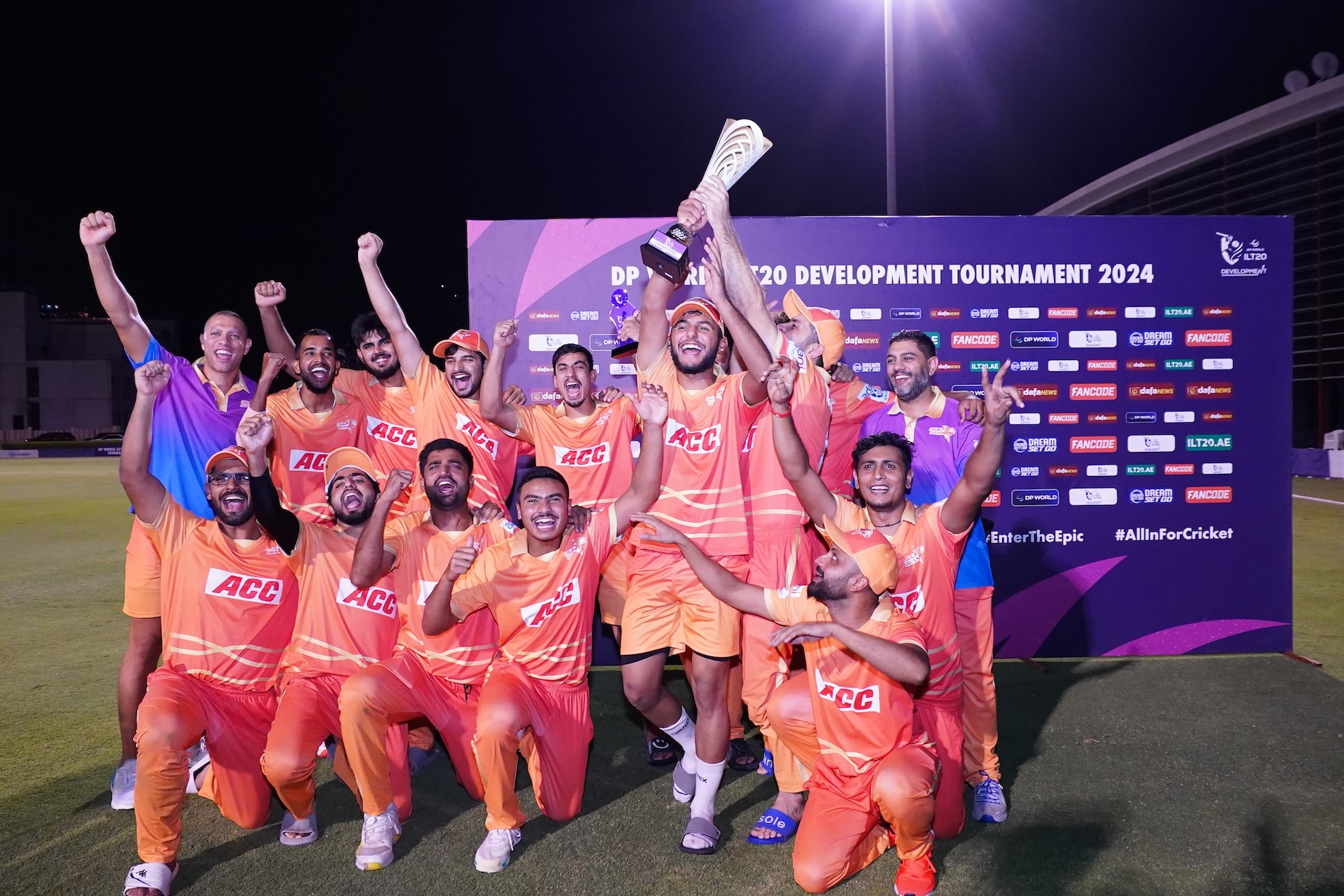 Gulf Giants celebrate winning the DP World ILT20 Development Tournament 2024 on Wednesday night (Supplied)
