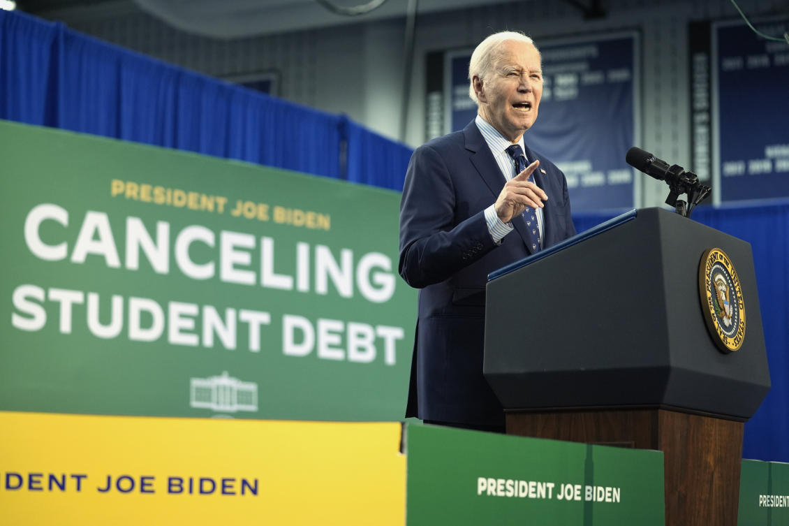 Above, President Joe Biden speaks about student loan debt on April 8, 2024, in Madison, Wisconsin. Biden on Thursday canceled another $4.5 billion in student debt for over 60,000 borrowers. (AP)