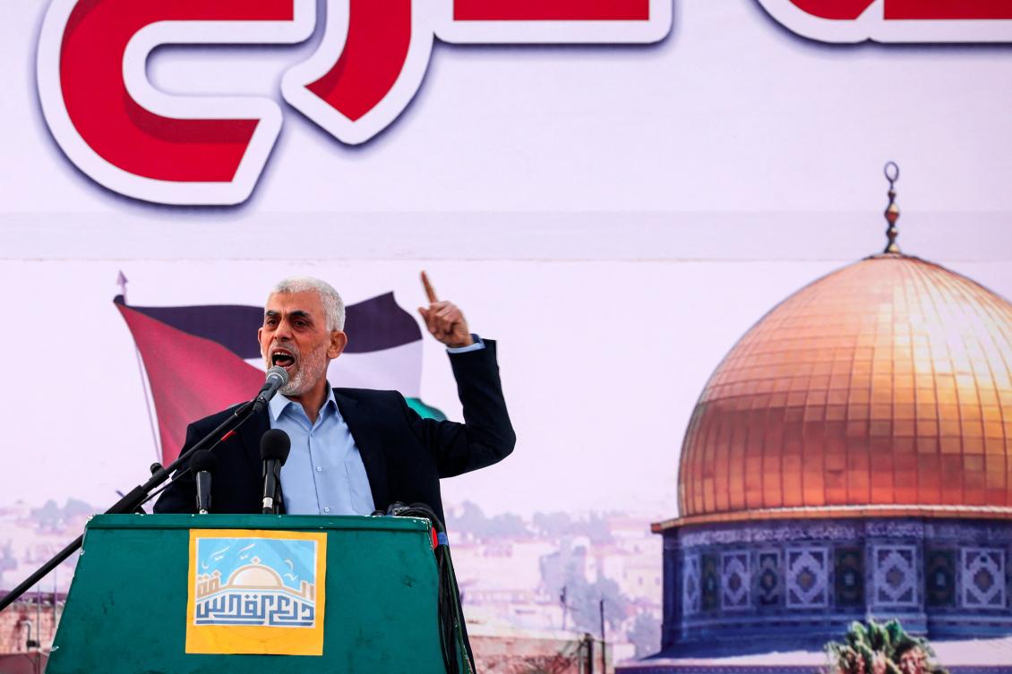 Yahya Al-Sinwar, the Gaza Strip chief of Hamas movement, addresses supporters during a rally marking Al-Quds Day on Apr. 14, 2023. (AFP)