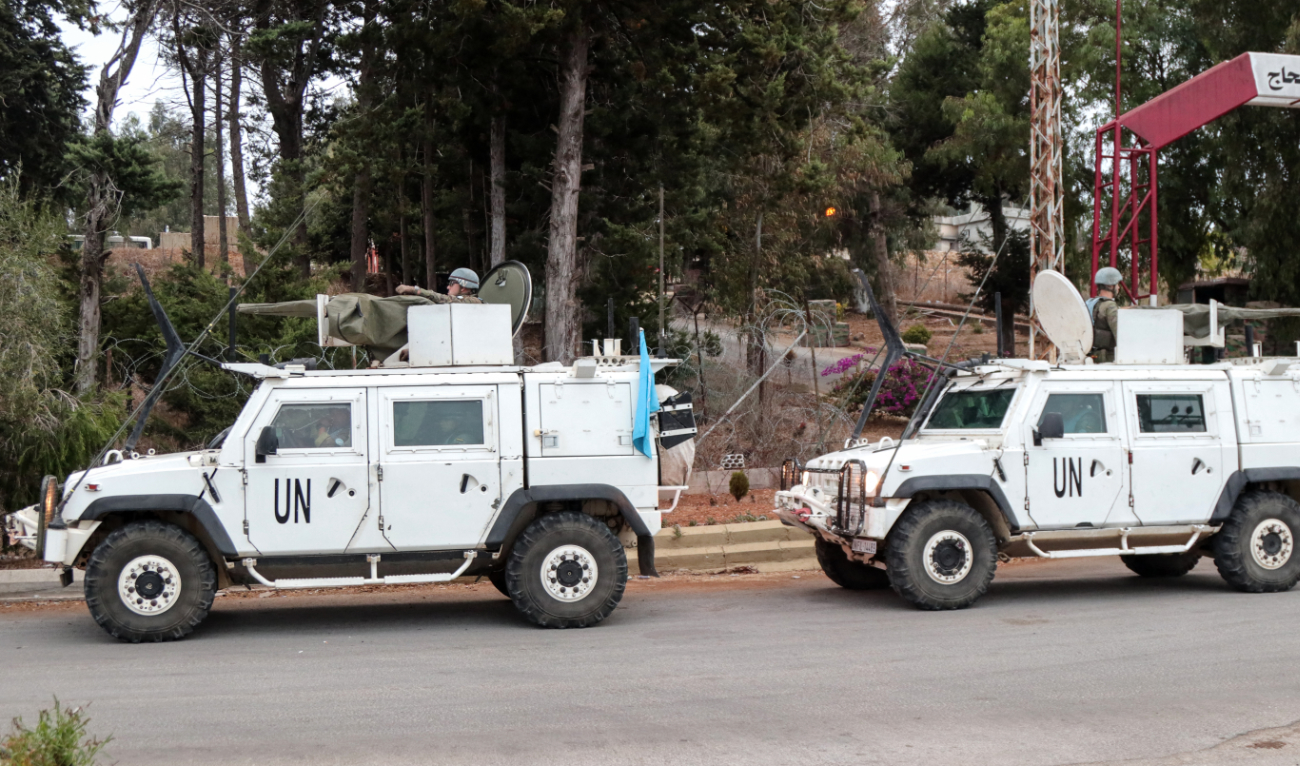 Vehicles of the United Nations Interim Force in Lebanon (UNIFIL) patrol in Marjeyoun in southern Lebanon on October 11, 2024. (AFP/File)