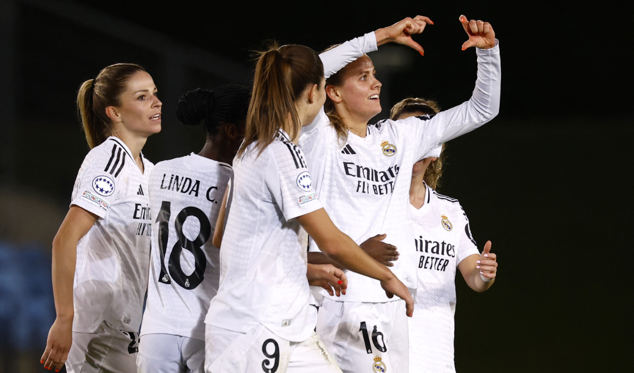 Real Madrid's Caroline Weir celebrates scoring their third goal with teammates during the Women's Champions League match between Real Madrid and Celtic at Estadio Alfredo Di Stefano, Madrid, Spain on October 17, 2024 (Reuters)