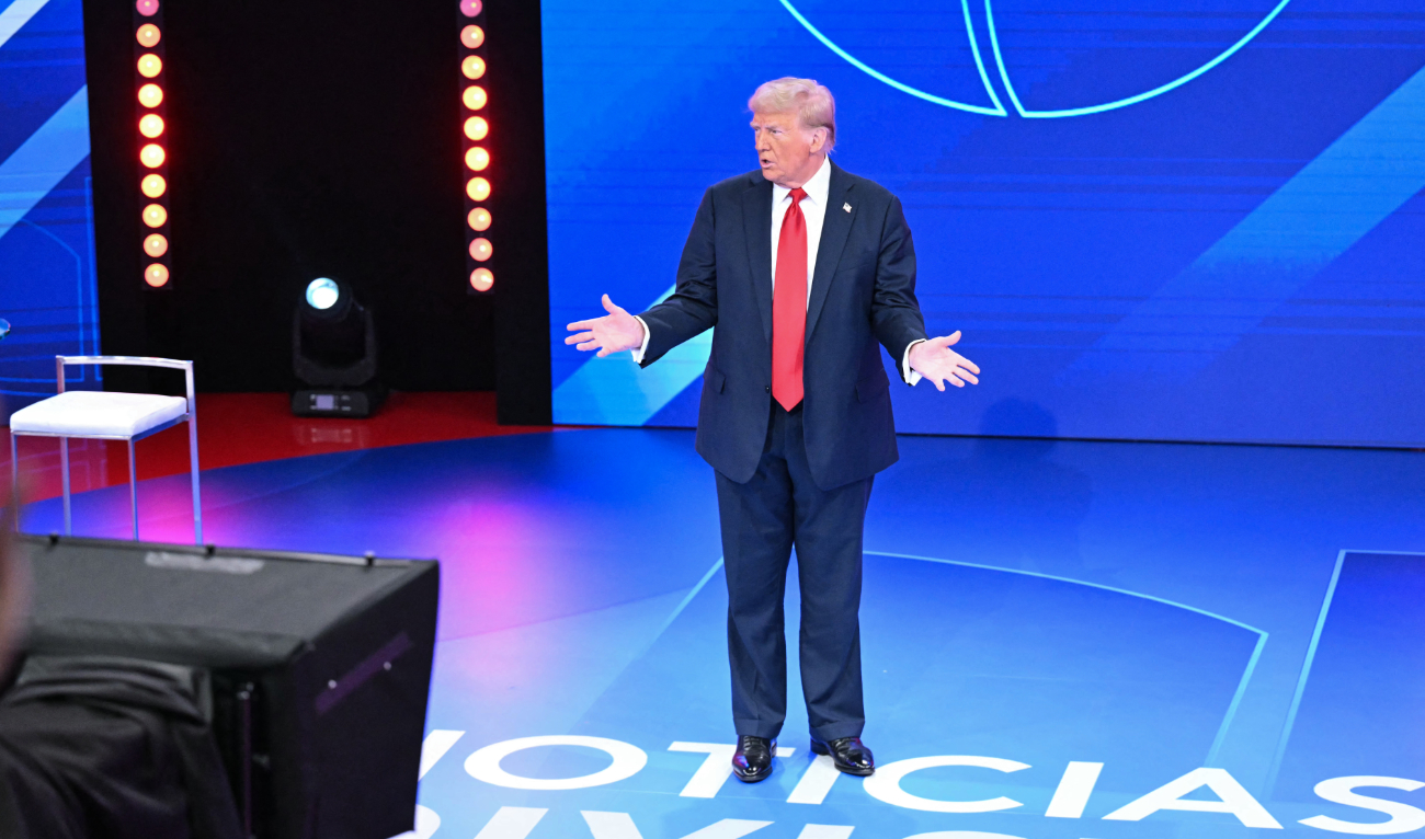 Former US President and Republican presidential candidate Donald Trump addresses a town hall hosted by Univision and moderated by Enrique Acevedo in Miami, Florida, on October 16, 2024. (AFP)