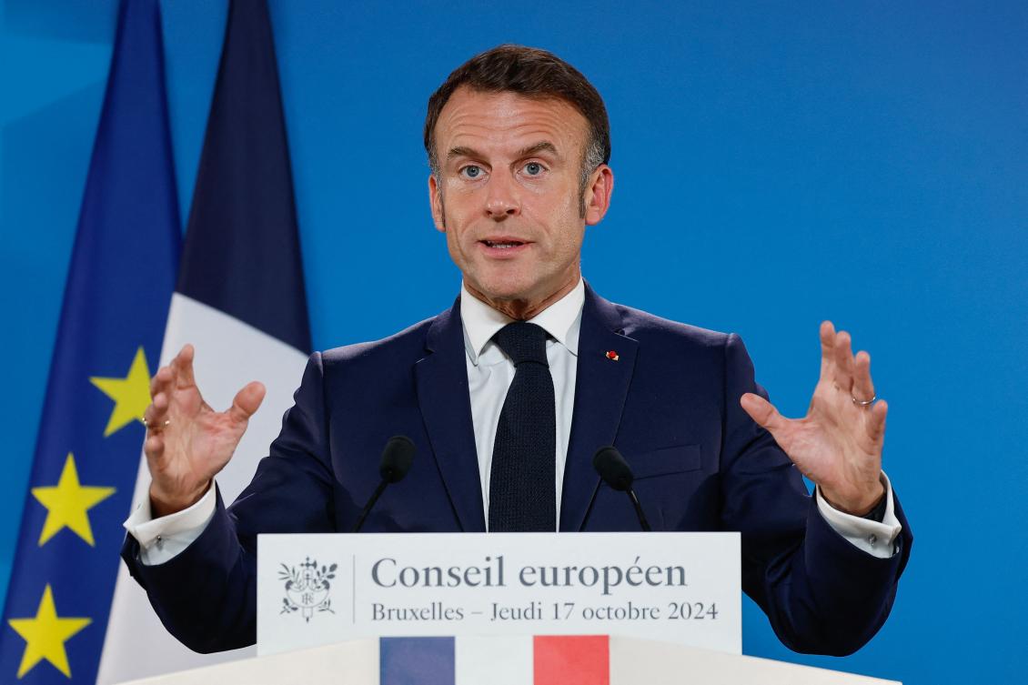 France’s President Emmanuel Macron addresses a press conference after an EU summit in Brussels on October 17, 2024. (AFP)