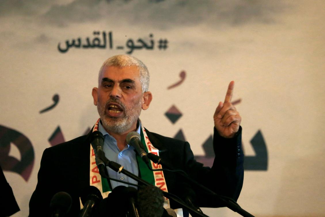 File photo of Hamas’ leader in the Gaza Strip Yahya Sinwar speaks during a press conference for Quds (Jerusalem) day in Gaza City on 30 May 2019. 2024, (AFP)