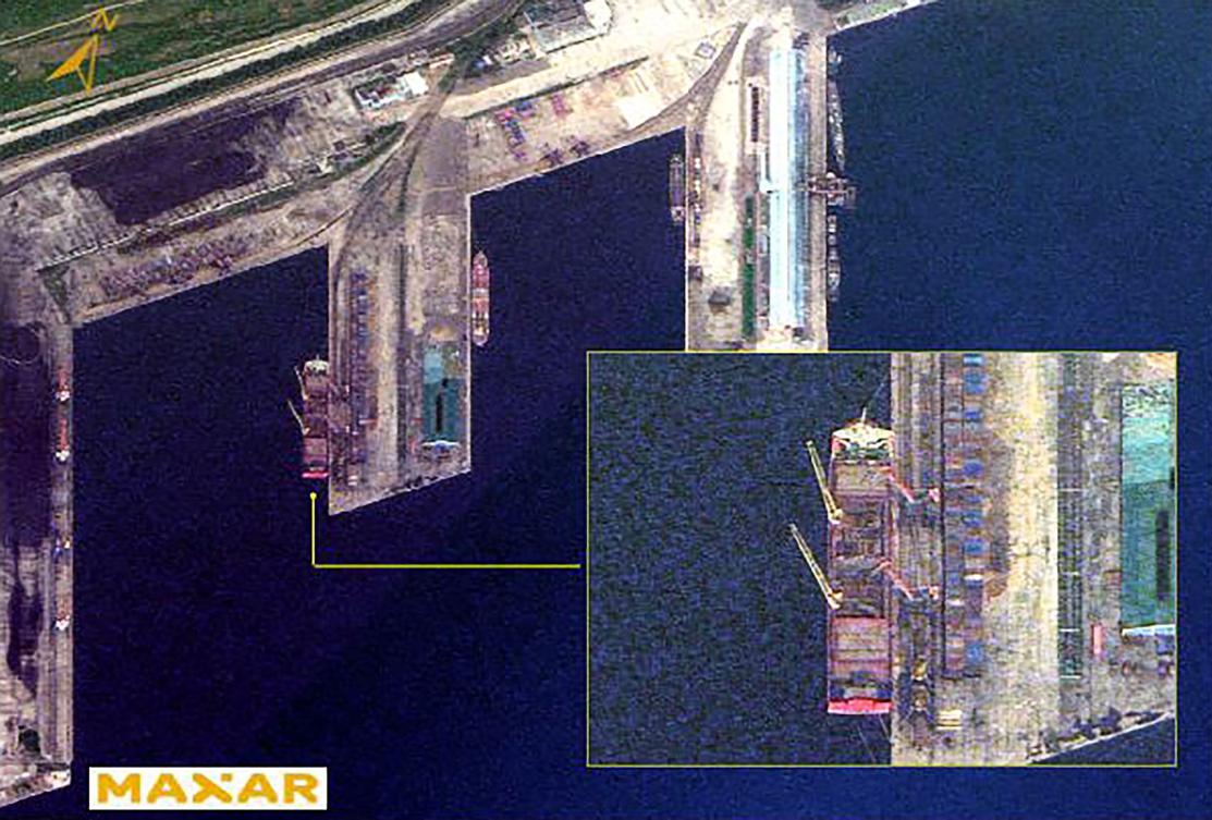 The Russian vessel Angara, loaded with North Korean weapons, departs from Rajin Port in the North Korean city of Rason in this undated satellite image by Maxar Technologies on Oct. 18, 2024. (Maxar Technologies/AFP)