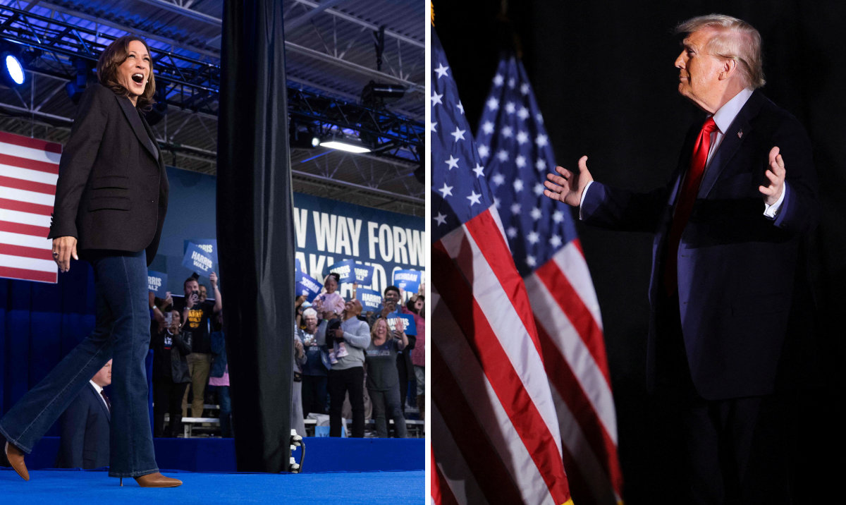 US Vice President and Democratic presidential candidate Kamala Harris campaigns in Waterford Township, Michigan while her Republican rival Donald Trump holds a rally at Huntington Place in Detroit, Michigan, on October 18, 2024. (AFP/REUTERS)