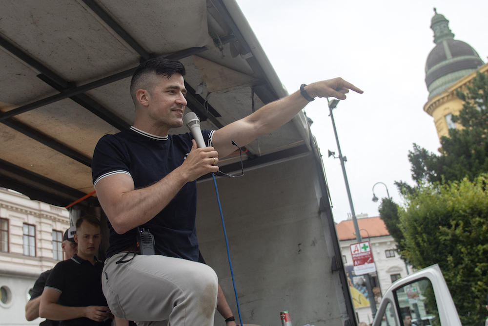 Martin Sellner’s Identitarian Movement espouses the far-right white nationalist Great Replacement conspiracy theory. (AFP)