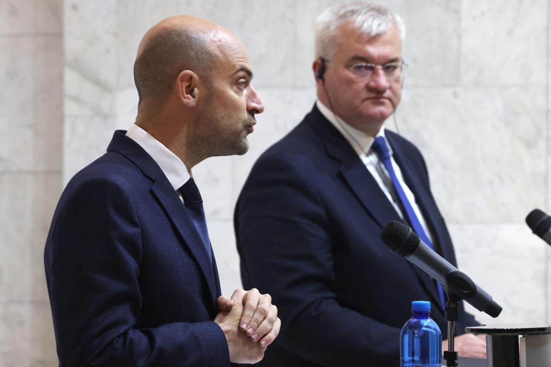 French Minister for Europe and Foreign Affairs Jean-Noel Barrot (L) and Ukrainian Foreign Minister Andrii Sybiha speak during a joint press conference in Kyiv, on Oct. 19, 2024. (AFP)