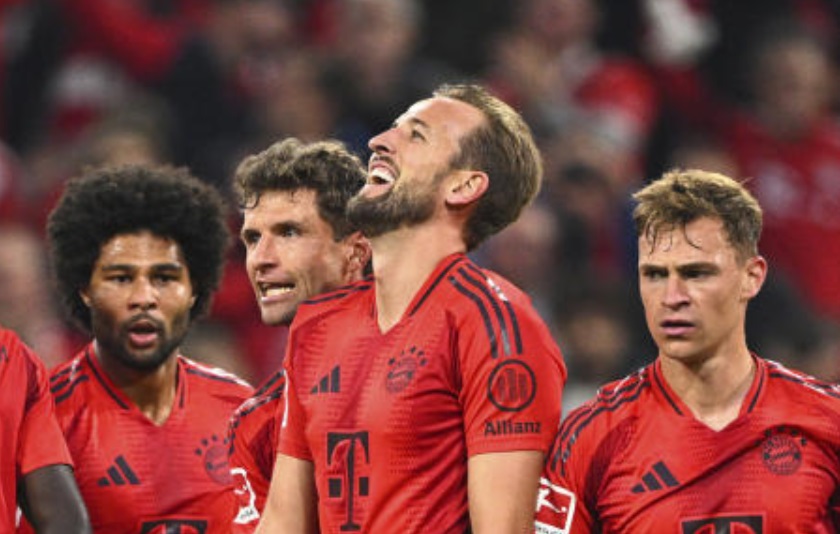 Bayern Munich’s Harry Kane celebrates his goal in their Bundesliga match against VfB Stuttgart, in Munich, on Oct. 19, 2024. (AP)