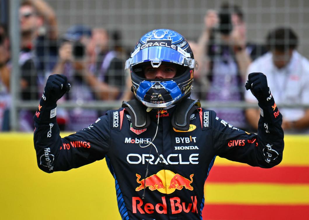 Red Bull Racing’s Dutch driver Max Verstappen celebrates winning the United States Formula One Sprint at the Circuit of the Americas in Austin, Texas, on Oct. 19. (AFP)