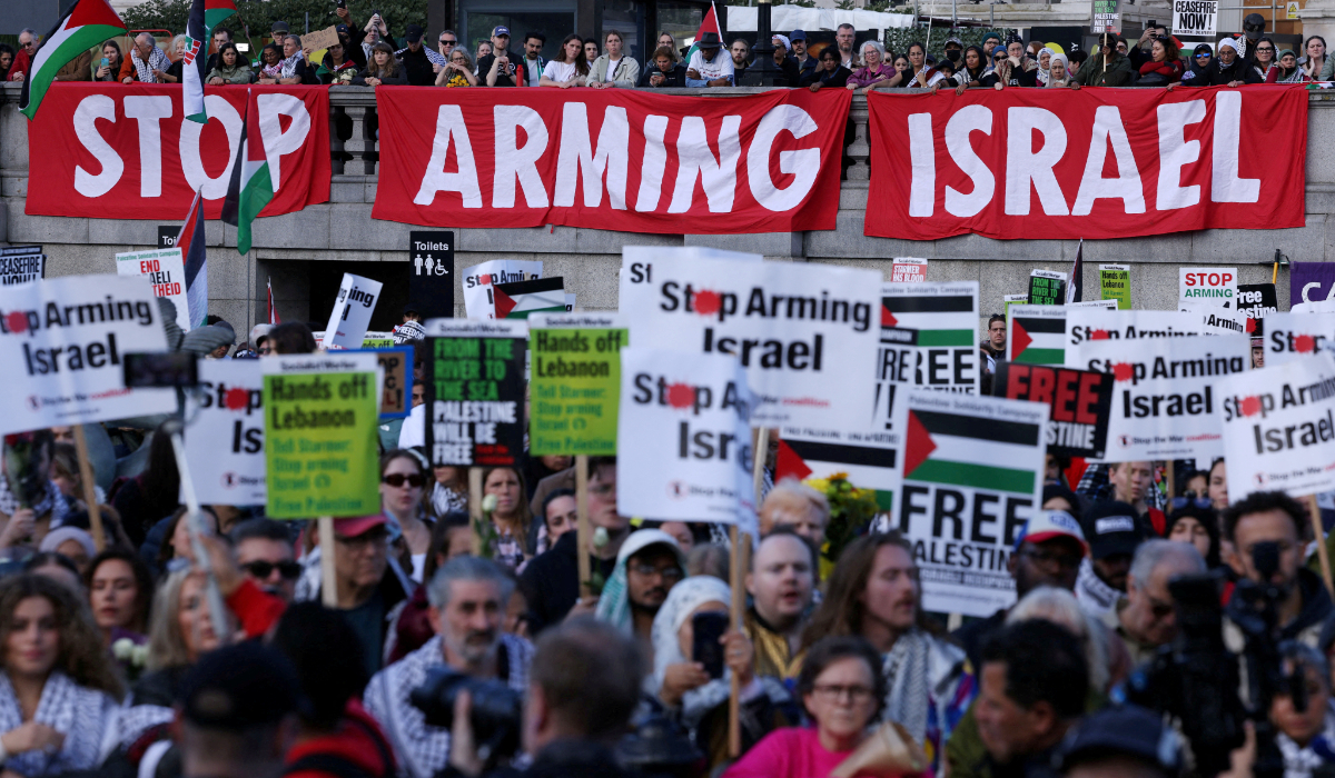 People attend a demonstration at Trafalgar Square in London on Saturday in support of Palestinians in the besieged Gaza Strip. (Reuters)