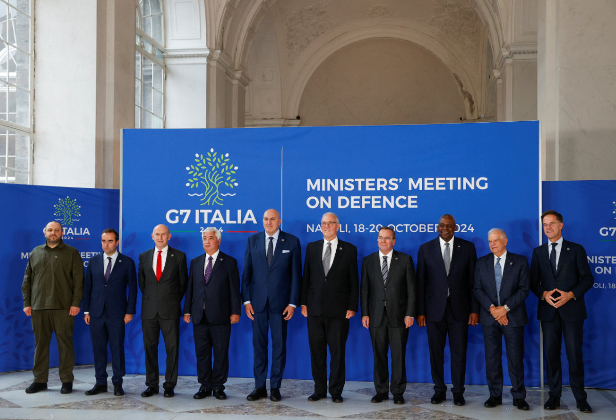 Ukraine's Defense Minister Rustem Umerov, French Minister Sebastien Lecornu, Britain's Secretary of State for Defense John Healey, Japan's Defense Minister Gen Nakatani, Italy's Minister Guido Crosetto, Canada's Minister of National Bill Blair, German Minister Boris Pistorius, US Secretary of Lloyd J. Austin, EU foreign policy chief Josep Borrell and NATO Secretary-General Mark Rutte and pose for a photo during the G7 Ministers meeting in Naples, Italy October 19, 2024. (REUTERS)