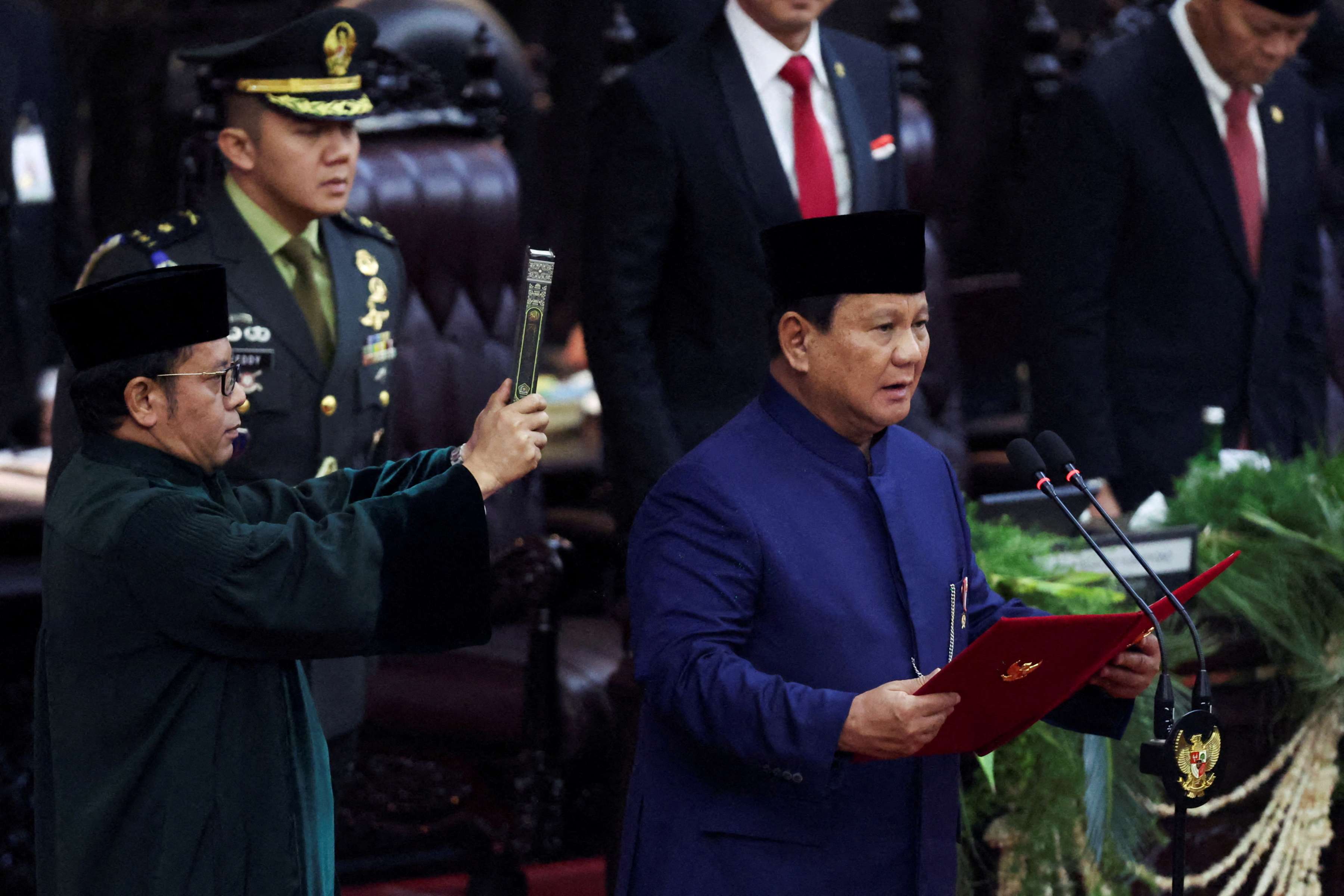 Indonesia's new President Prabowo Subianto is sworn in during his presidential inauguration at the House of Representatives building in Jakarta, Indonesia on Oct. 20, 2024. (Reuters)