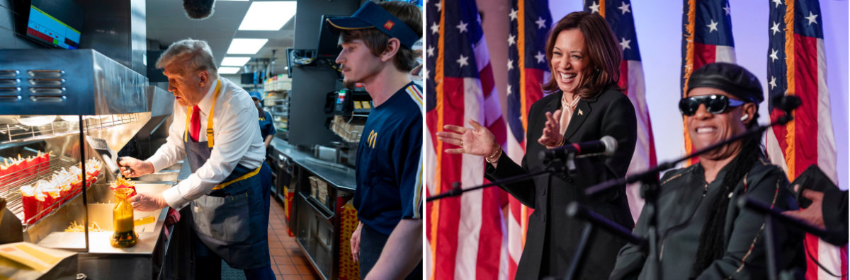 Combination image showing Republican presidential nominee Donald Trump, left, cooking fries at a McDonald's in Feasterville-Trevose, Pennsylvania, and Democratic presidential nominee Kamala Harris cheering as Stevie Wonder sings Redemption Song to her during a Souls to the Polls Sunday service at Divine Faith Ministries International Church in Jonesboro, Georgia, on October 20, 2024. (AP/REUTERS)