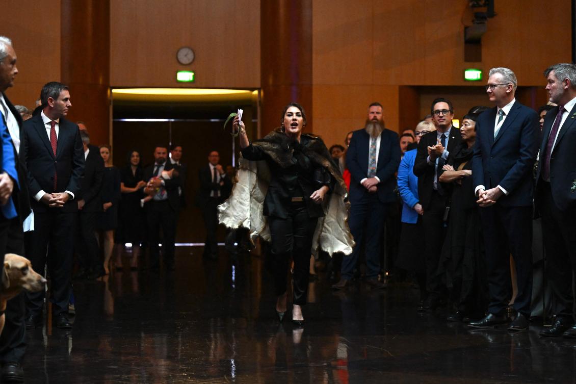 Australian Senator Lidia Thorpe disrupts proceedings as Britain's King Charles III and Queen Camilla attend a Parliamentary reception at Parliament House in Canberra. (AFP)