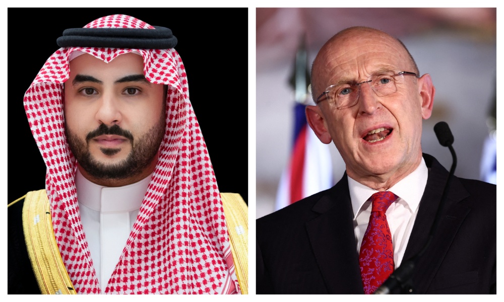 Saudi Arabia’s Defense Minister Prince Khalid bin Salman and British Secretary of State for Defense John Healey. (File/SPA/AFP)