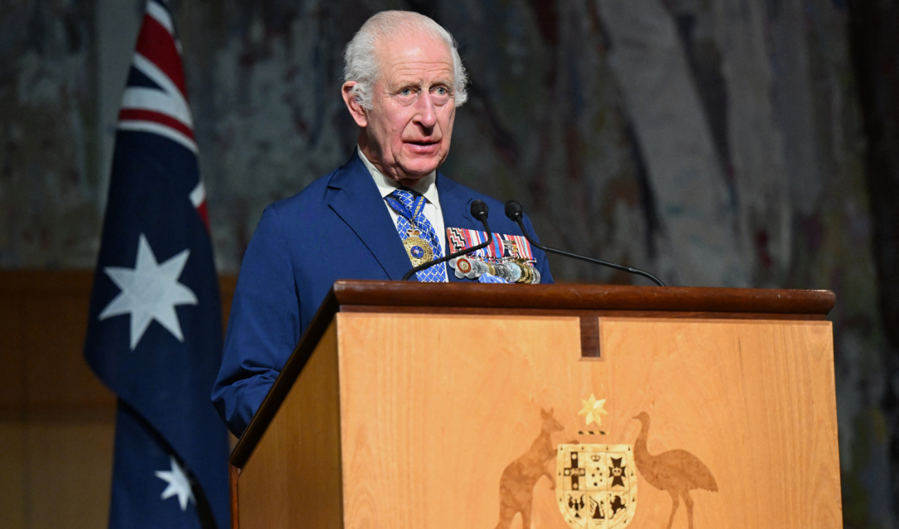 Britain's King Charles III delivers a speech while attending a Parliamentary reception at Parliament House in Canberra on October 21, 2024. (AFP)