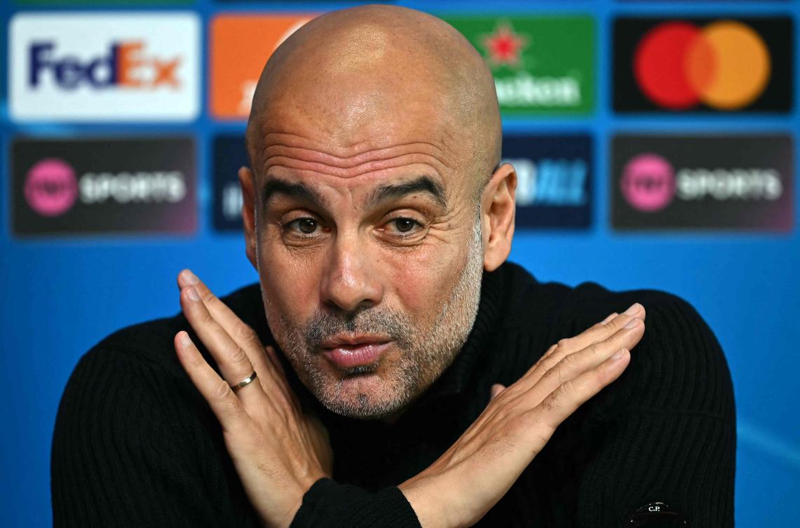 Manchester City’s Spanish manager Pep Guardiola attends a press conference at he training ground in Manchester, on Oct. 22, 2024, on the eve of their UEFA Champions League match against Sparta Prague. (AFP)