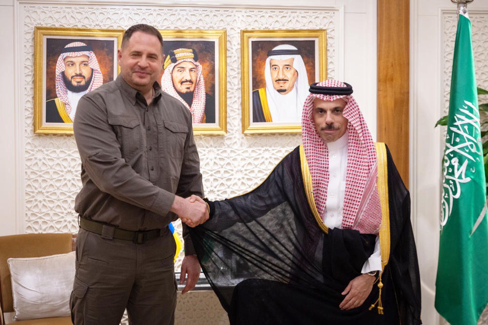 Saudi Foreign Minister Prince Faisal bin Farhan greets Andriy Yermak. (Saudi foreign ministry)