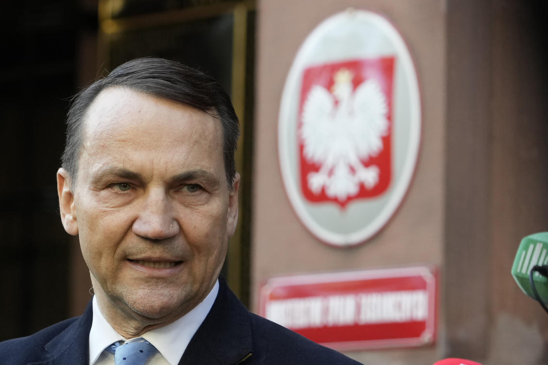 Poland’s Foreign Minister Radek Sikorski speaks to the media outside the Foreign Ministry in Warsaw on Oct. 22, 2024. (AP)