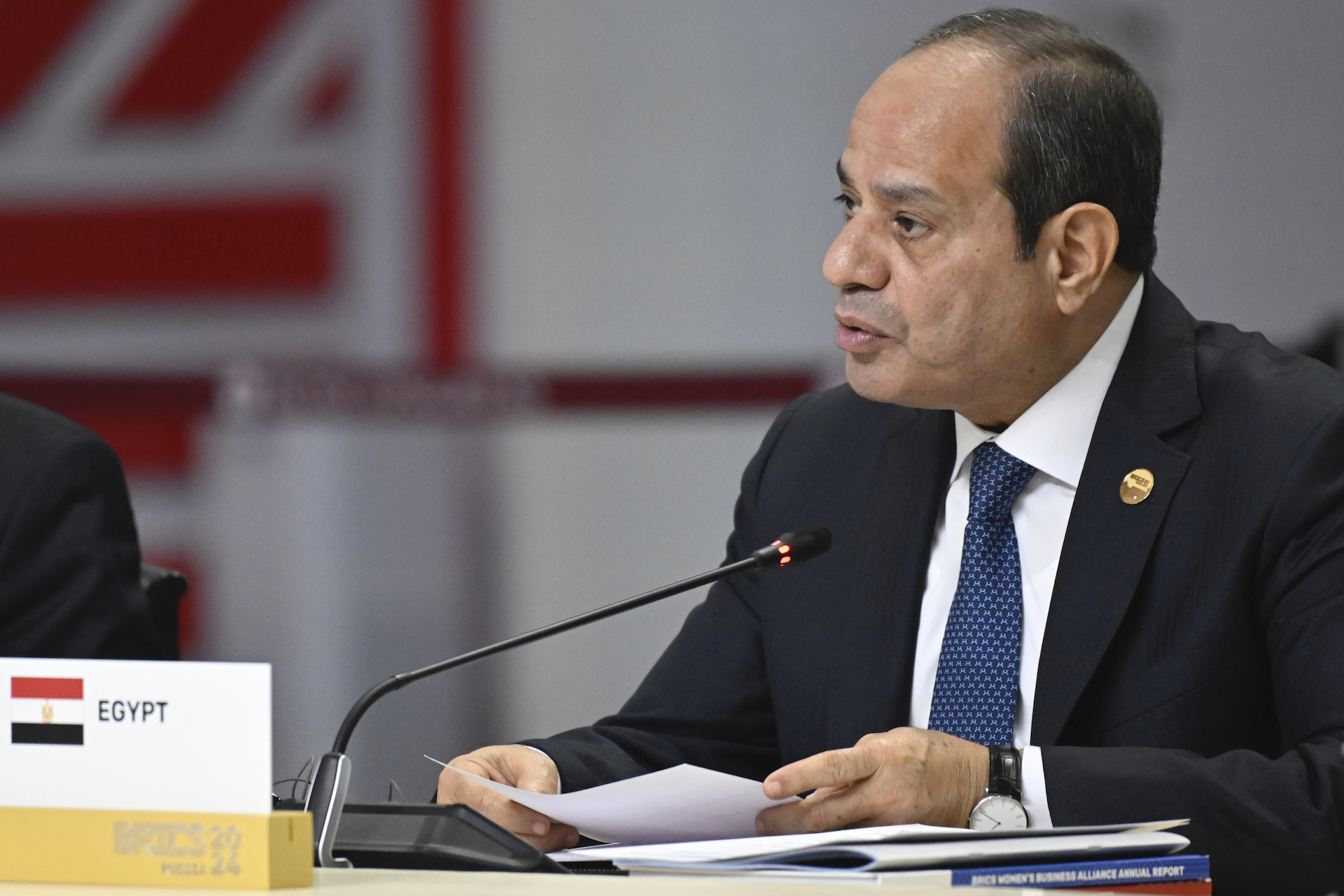 Egyptian President Abdel Fattah el-Sisi speaks at BRICS Summit extended format session in Kazan, Russia, Wednesday, Oct. 23, 2024. (AP)