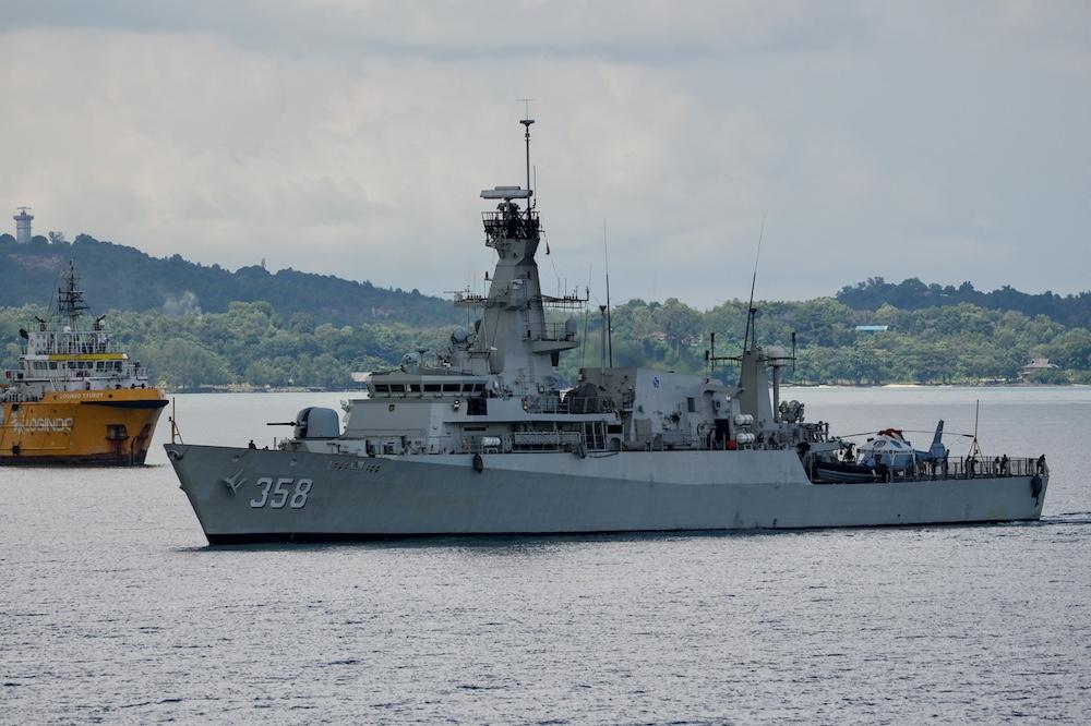 Indonesia’s Bung Tomo-class corvette, KRI John Lie, arrives at a naval base on Sept. 20, 2023 in preparation for a medical and humanitarian exercise in the Natuna waters following China’s claims over the South China Sea. (AFP)