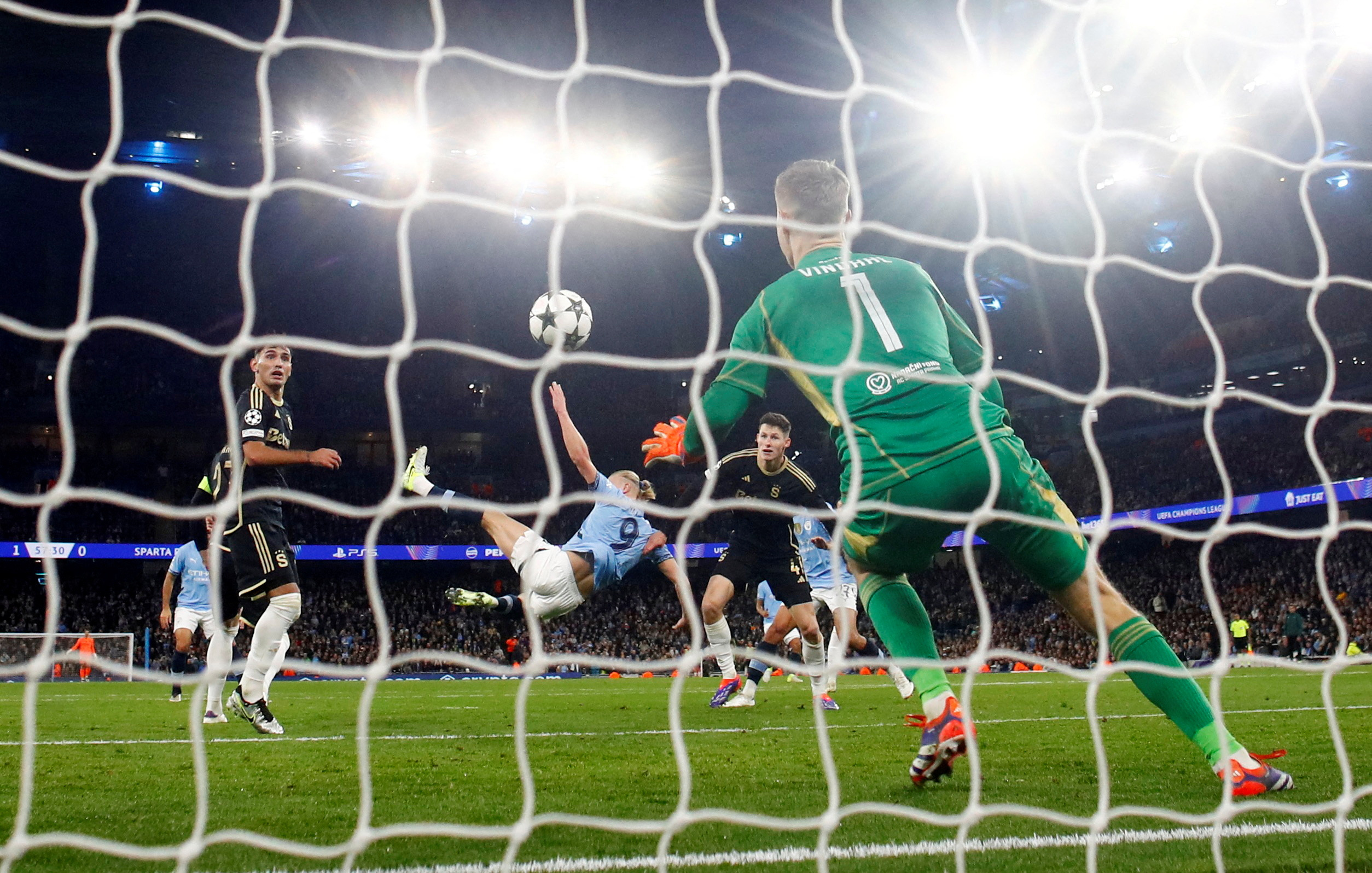 Manchester City's Erling Haaland scores their second goal in acrobatic fashion during the Champions League match between Manchester City and Sparta Prague at Etihad Stadium, Manchester, UK, on Wednesday. (Reuters)