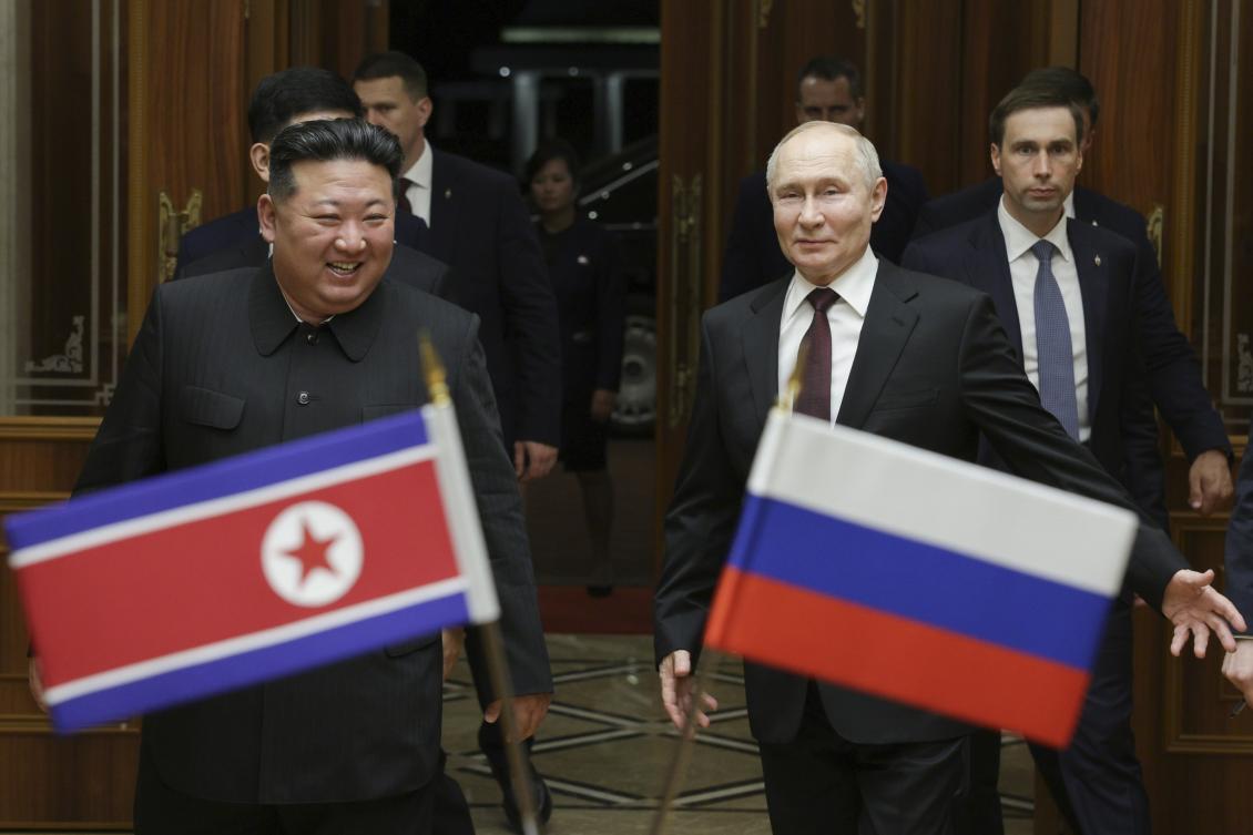 Russian President Vladimir Putin, right, and North Korea’s leader Kim Jong Un during their meeting at the Pyongyang Sunan International Airport outside Pyongyang on June 19, 2024. (Sputnik/Kremlin via AP)