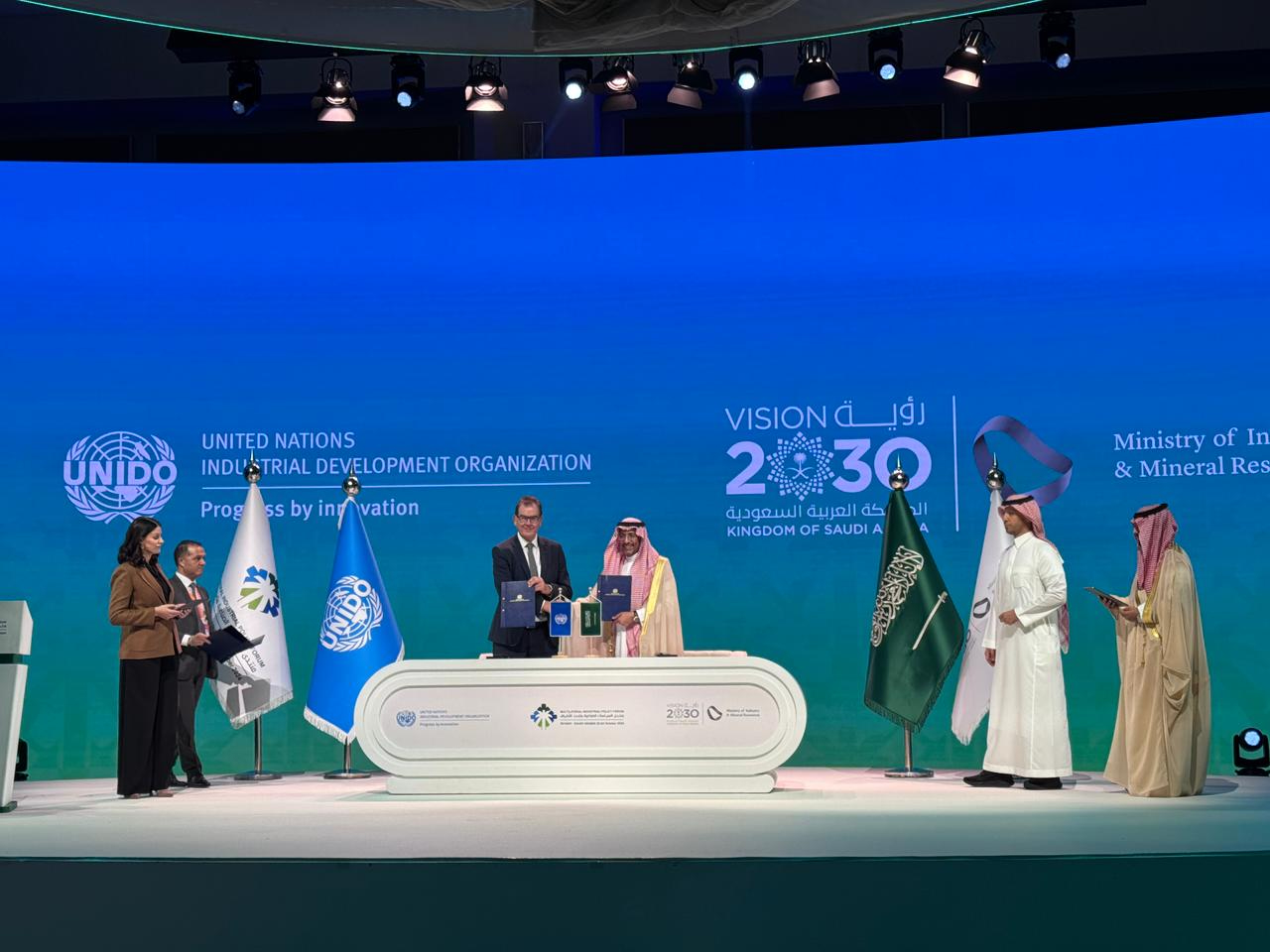 Gerd Muller, director general of UNIDO and and Saudi Minister of Industry and Mineral Resources Bandar Alkhorayef signed an agreement to establish a framework for strategic cooperation aimed at enhancing industrial development in Saudi Arabia. AN photo