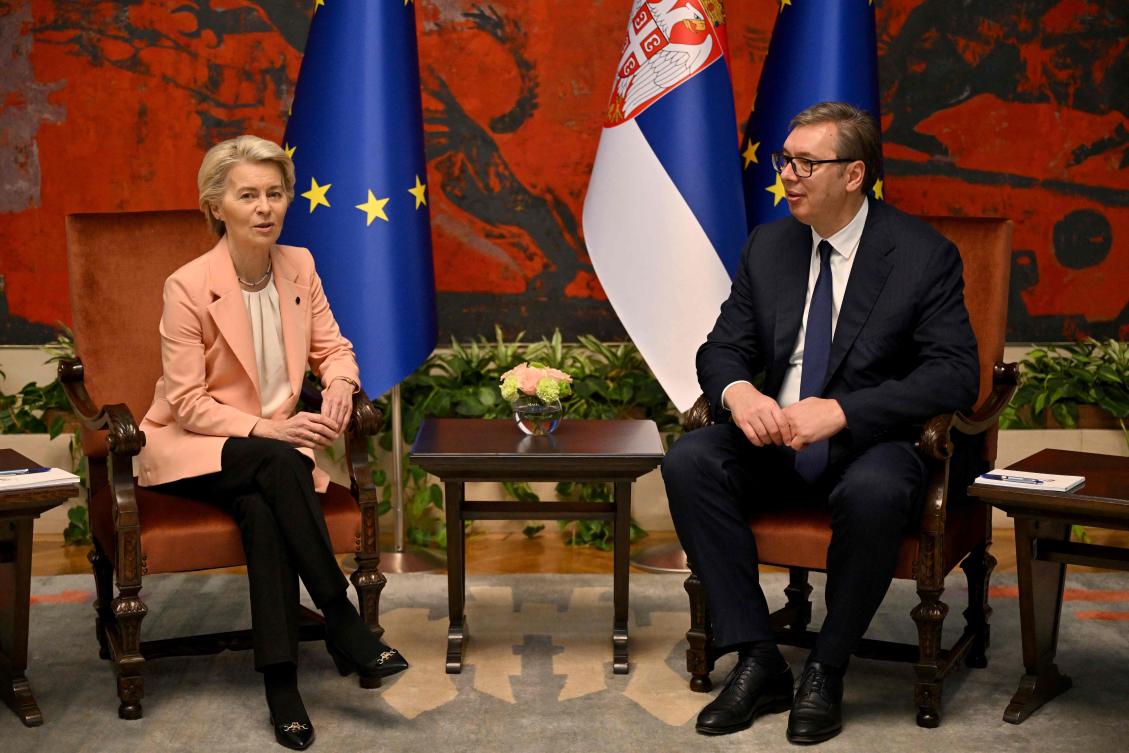Serbia’s President Aleksandar Vucic (R) attends a meeting with President of the European Commission Ursula von der Leyen in Belgrade, on Oct. 25, 2024. (AFP)