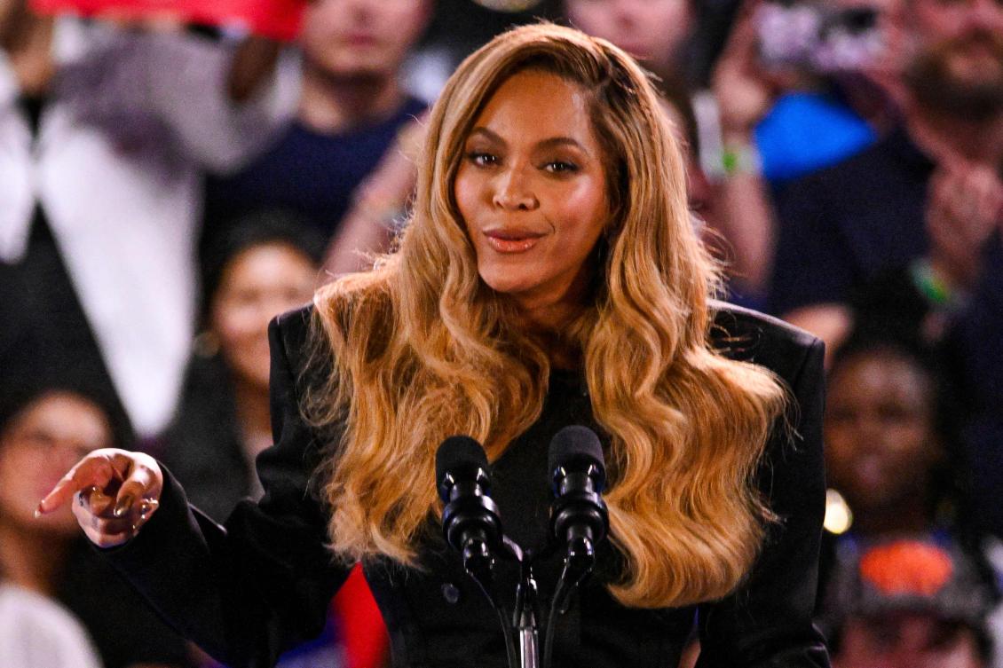 US singer-songwriter Beyonce speaks during a campaign rally for US Vice President and Democratic presidential candidate Kamala Harris at Shell Energy Stadium in Houston, Texas. (AFP)