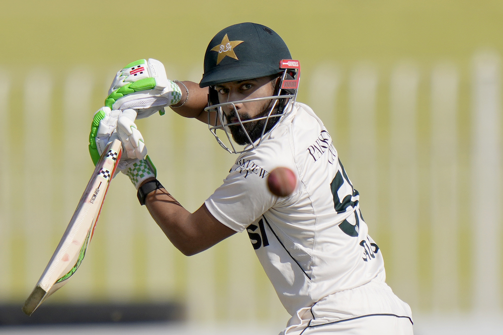 Pakistan’s Saud Shakeel plays a shot during day two of the third Test cricket match between Pakistan and England in Rawalpindi Friday. (AP)