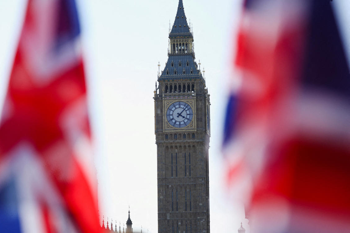 Union Jack flags flutter in the wind near Big Ben at Parliament Square in London, Britain, August 27, 2024. (Reuters)
