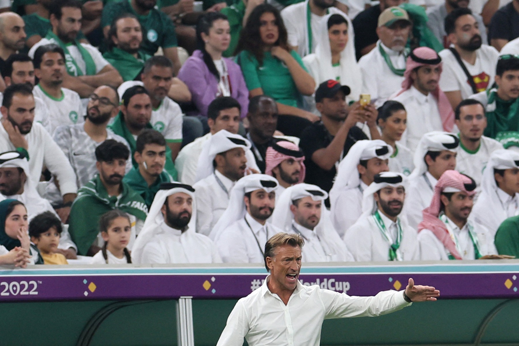 The most obvious option for the Saudi Arabia job is former coach Herve Renard, pictured here in charge of the Green Falcons at the 2022 World Cup in Qatar. (AFP/File Photo)