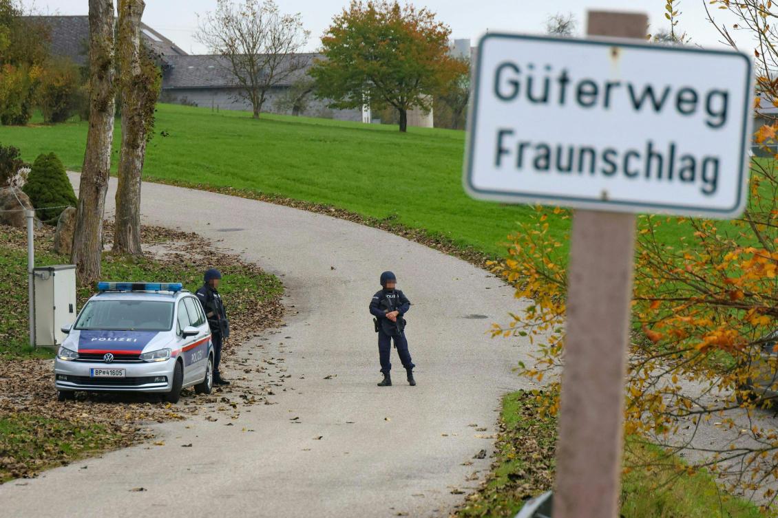 Police officers patrol in Altenfelden, Upper Austria, on October 28, 2024, after at least one man was shot dead in the Muehlviertel region in the morning, according to Austrian media reports. (AFP)