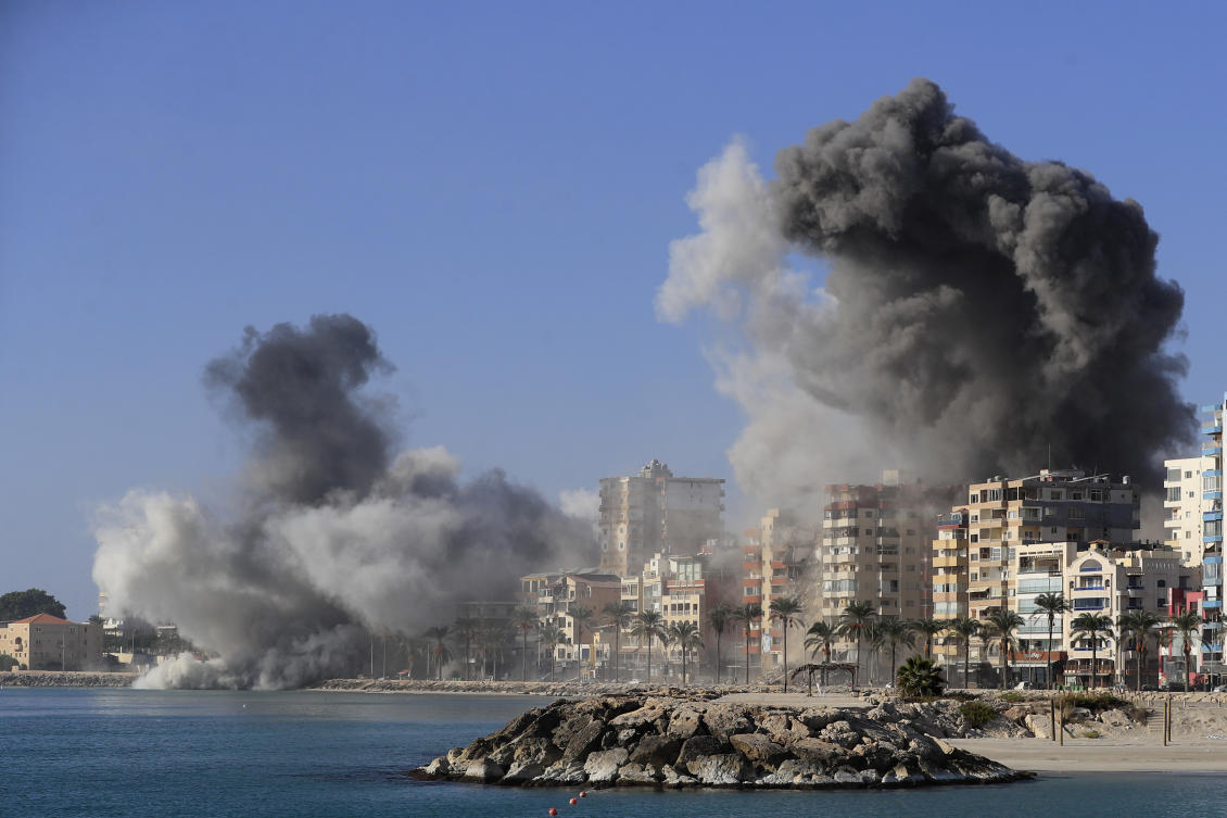 Smoke rises from buildings hit in Israeli airstrikes in Tyre, southern Lebanon, Monday, Oct. 28, 2024. (AP)