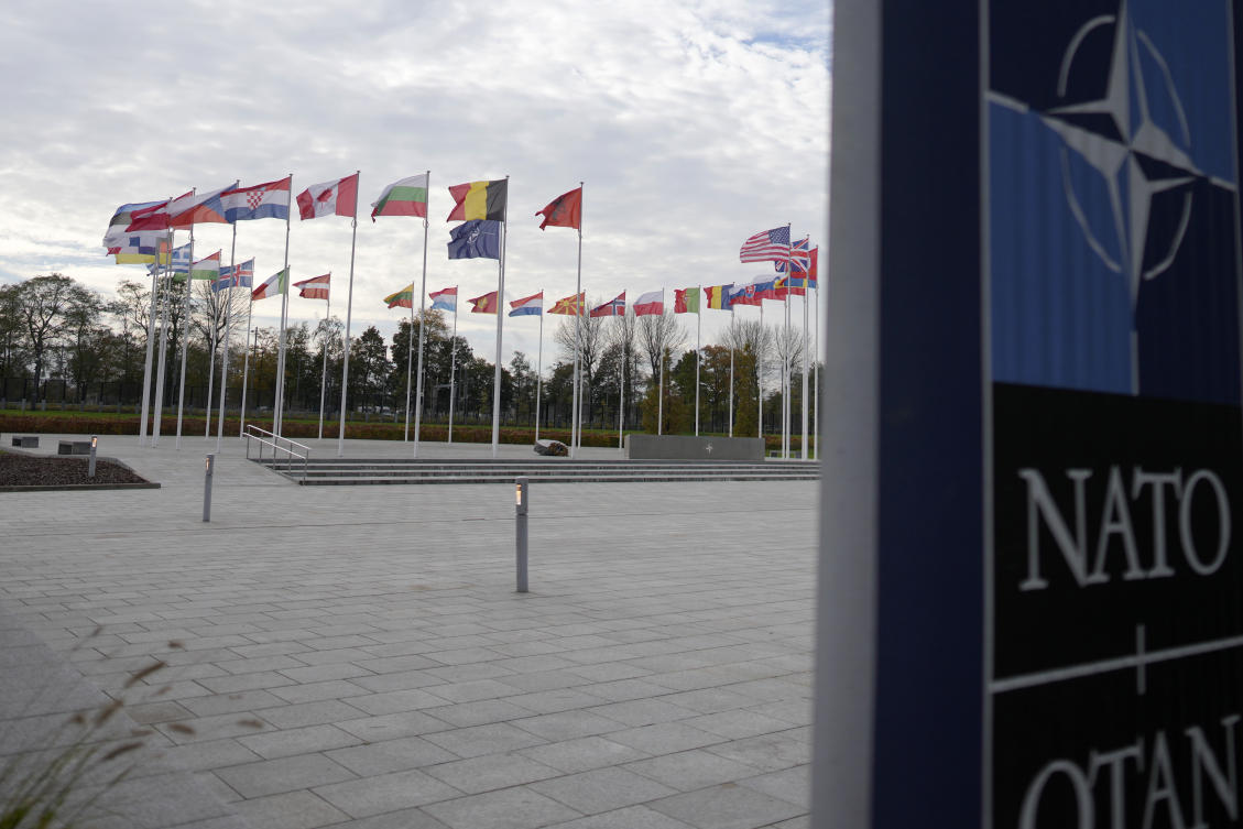 A view of flags of NATO member countries, outside NATO headquarters in Brussels on Monday, Oct. 28, 2024. (AP)