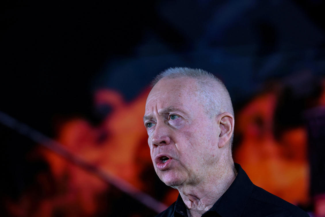 Israel’s Defense Minister Yoav Gallant speaks during a memorial ceremony of the Hamas attack on October 7 last year that sparked the ongoing war in Gaza. (File/Reuters)