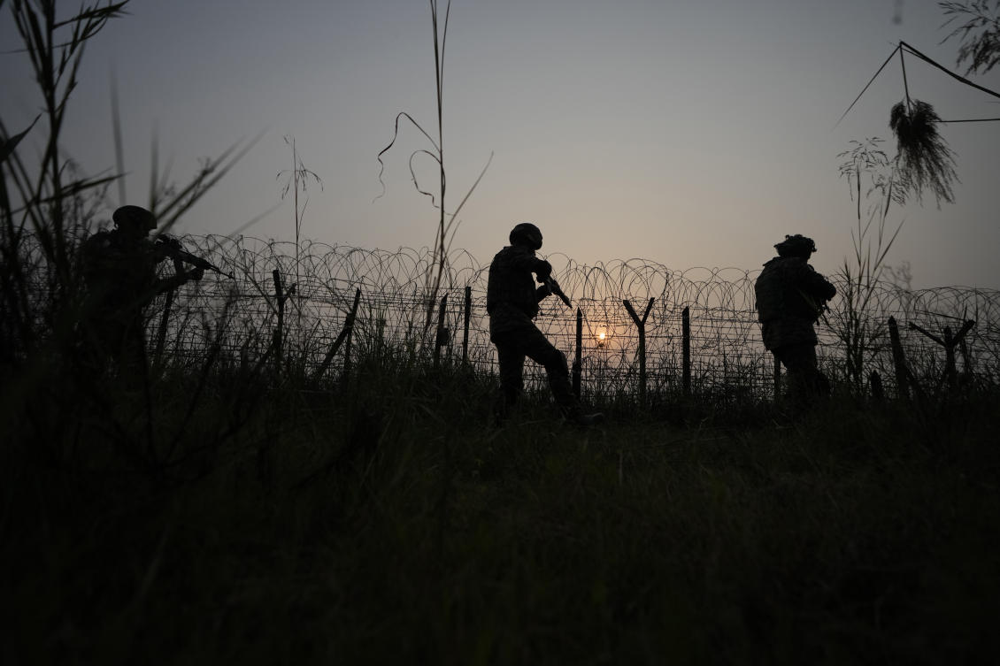 Indian army soldiers patrol along the highly militarized Line of Control that divides Kashmir region between India and Pakistan, in Akhnoor sector, near about 66 Kms. (41 miles) from Jammu, India, Monday, Oct. 28, 2024. (AP)